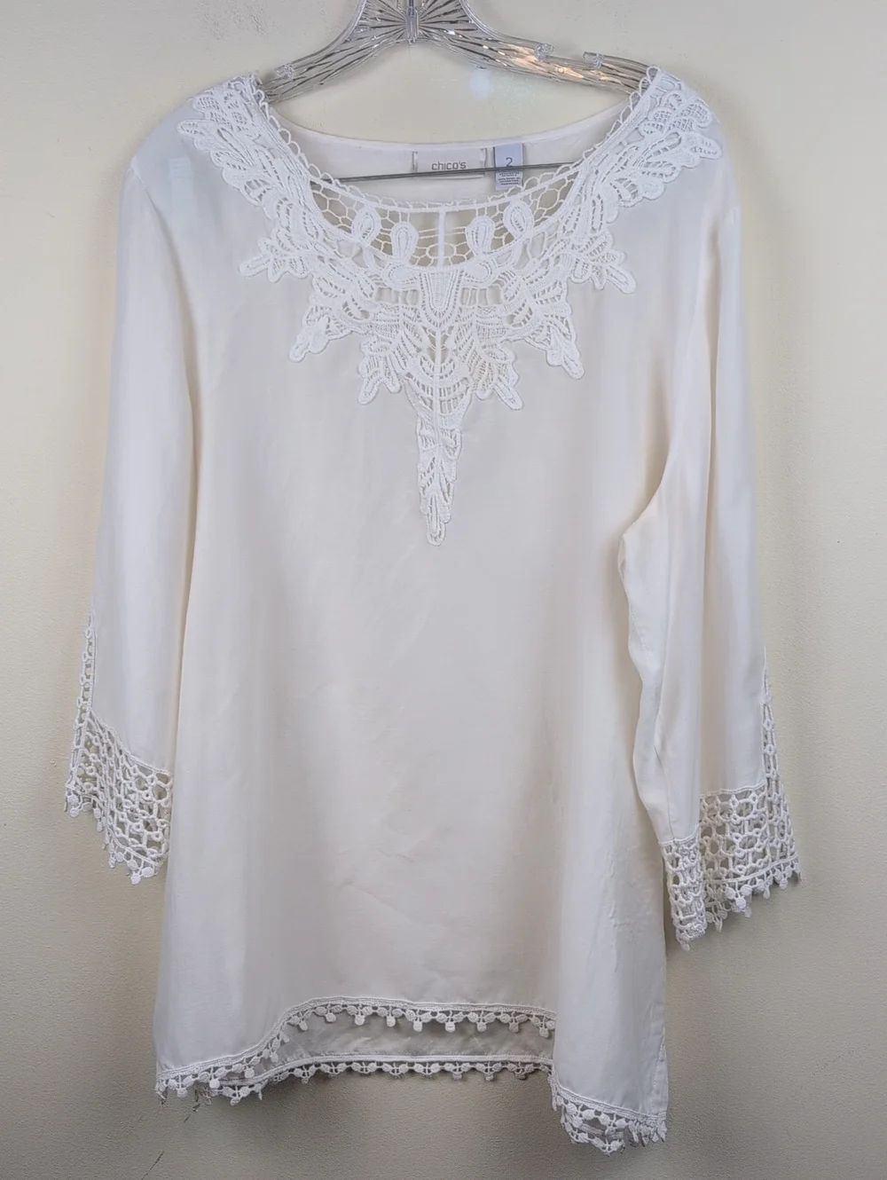 Chico's White Crocheted Lace-Trimmed Women's Tunic Top Size L Silk Blend